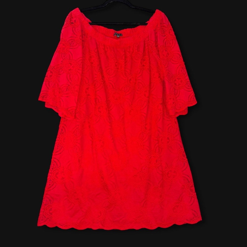 Tiana B Red Lace Shift Dress Size 14 Bell Sleeve Off Shoulder Cocktail - Picture 1 of 5